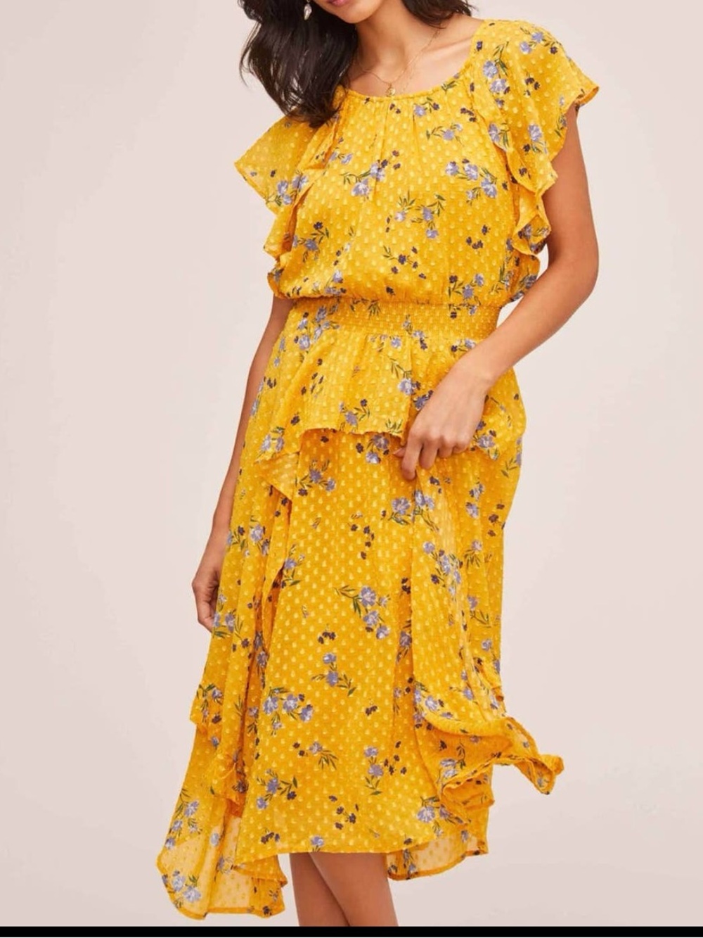 NWT ASTR the label Shelia Floral Ruffle Gold Midi Dress - STUNNING